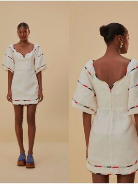 FARM Rio Cream Mini Dress with Multicolor Trim